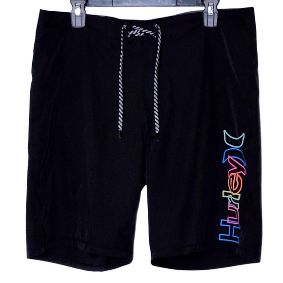 Hurley Lightweight Board Shorts Mens 34 Black Swim Trunks Rainbow Logo Spell Out - Picture 1 of 8